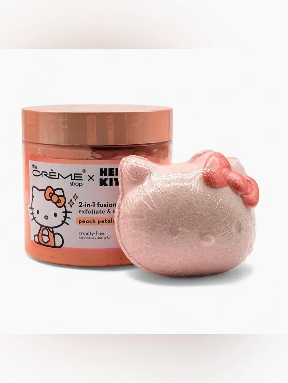 The Creme Shop Hello Kitty Peach Petals SPA SET Bath Bomb & Body Scrub NIB